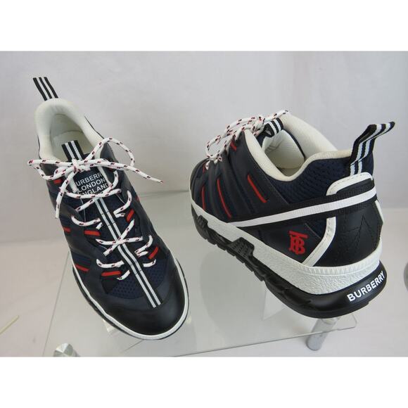 NIB BURBERRY UNION NAVY LEATHER MESH RED LOGO LOW TOP SNEAKERS 9 US 42 ITALY - Picture 6 of 12